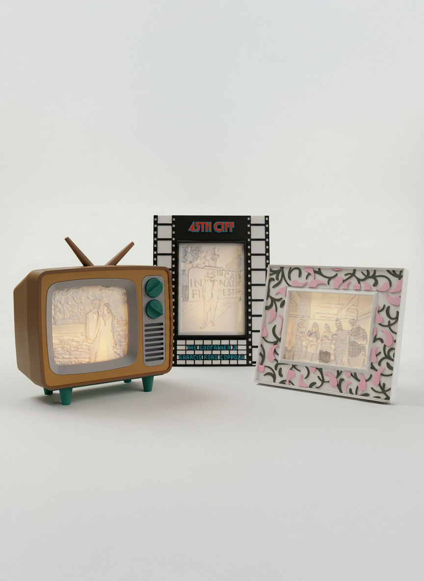 3D printed backlit photo frames showing a glowing custom family pictures 