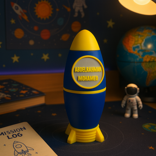Blue and yellow rocket-shaped pencil case with a personalized name tag, set against a space-themed background.