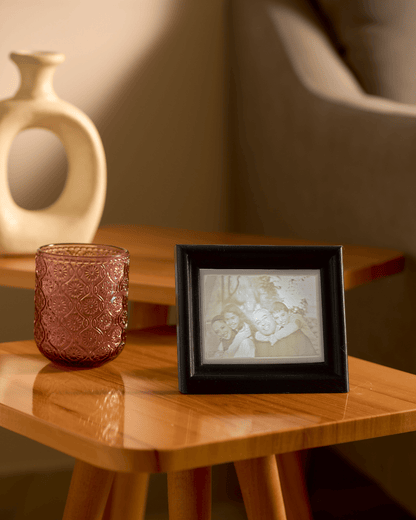 Black 3D printed classic heirloom style LED backlit photo frame with personalized glowing family picture