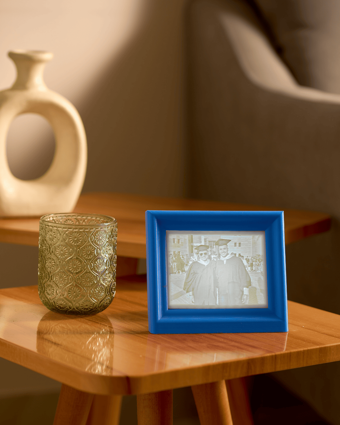 blue 3D printed classic heirloom style LED backlit photo frame with personalized glowing family picture