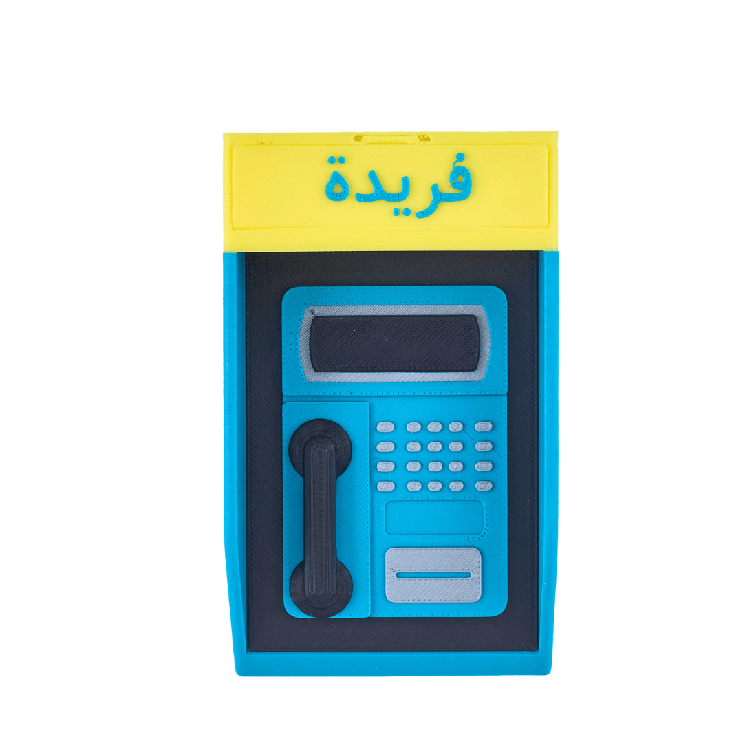 3D printed Menatel phone booth fridge magnet with custom text - white background
