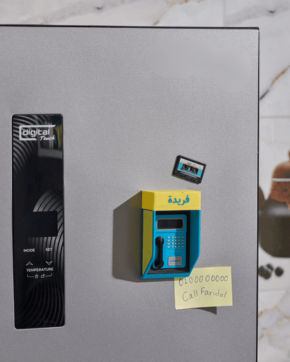 3D printed Menatel phone booth fridge magnet with custom text - Egyptian nostalgic kitchen decor
