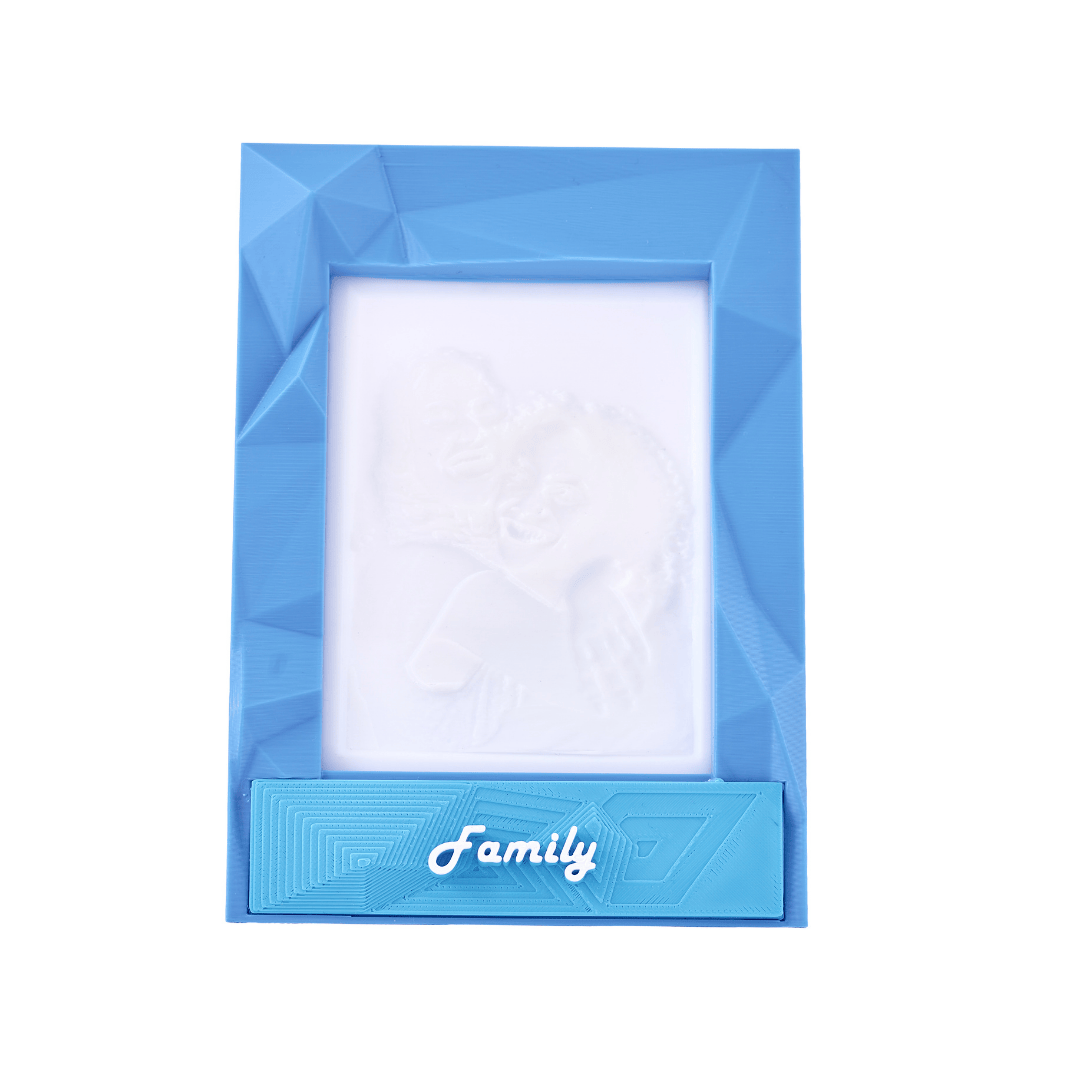 Blue picture frame with 'Family' text on a white background