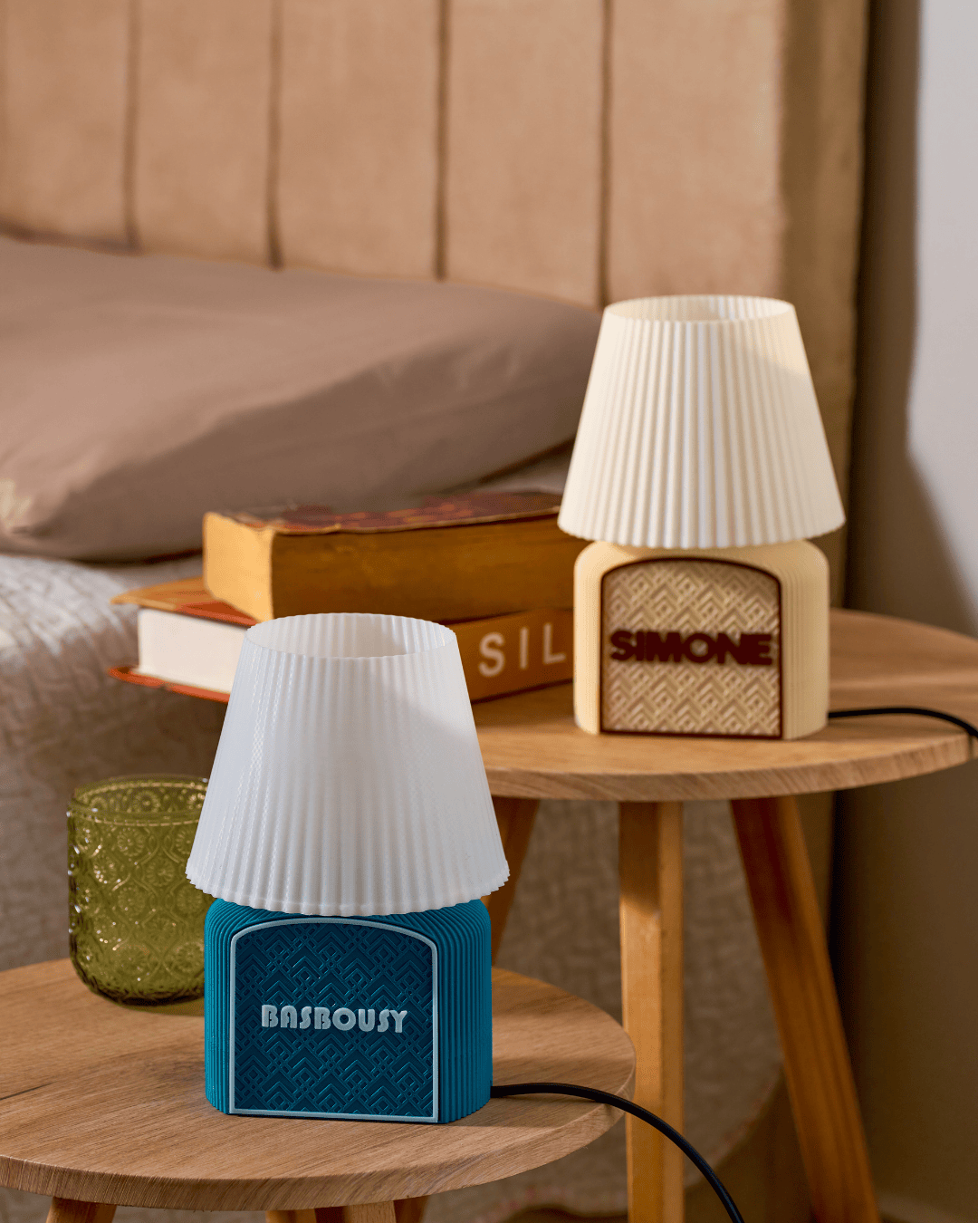 3D printed Art Deco table lamps with geometric lattice design and customized raised nameplate in a wooden tables 