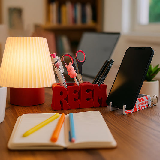 Focus Mode Bundle with personalized 3D name pen holder, nostalgia lamp, and phone holder keychain
