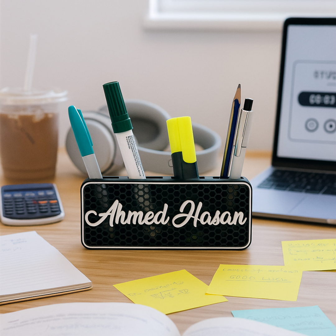 Black Geometric 3D printed honeycomb pen holder with personalized english name 