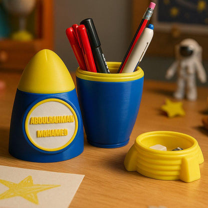 Colorful pen holder with pens on a wooden surface