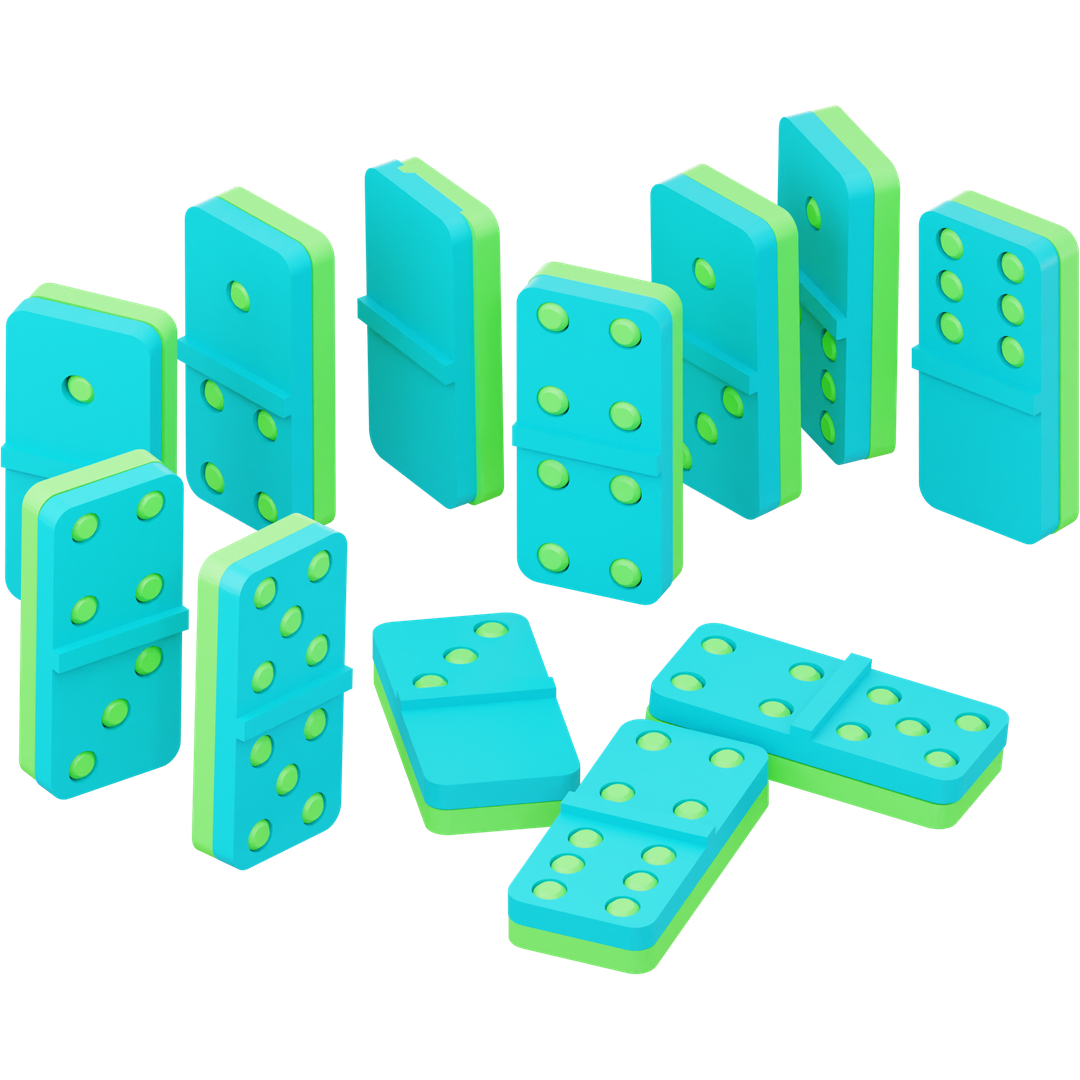 A set of green and blue domino pieces of various sizes, some standing upright and others lying down.