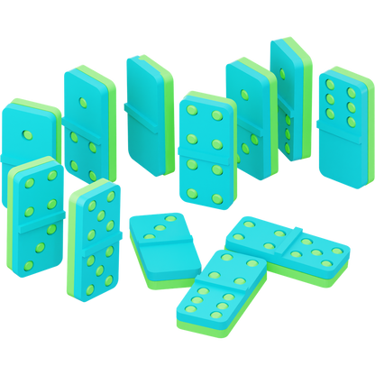 A set of green and blue domino pieces of various sizes, some standing upright and others lying down.
