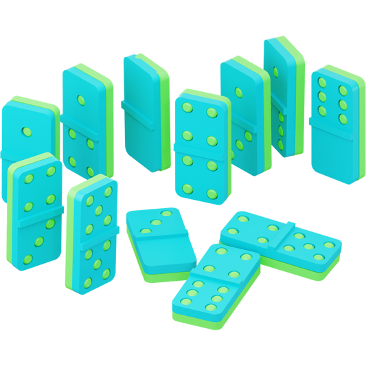 A set of green and blue domino pieces of various sizes, some standing upright and others lying down.