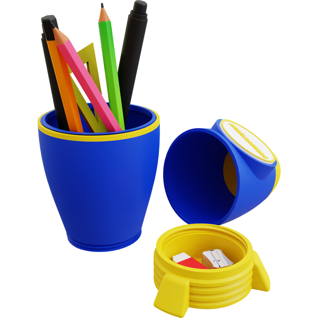 Blue and yellow pencil holder with stationery items on a white background