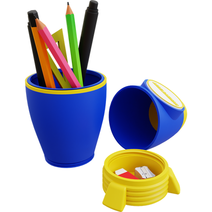 Blue and yellow pencil holder with stationery items on a white background